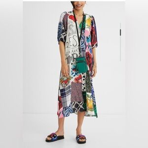 Desigual puff sleeve button down shirt midi dress patchwork sz M